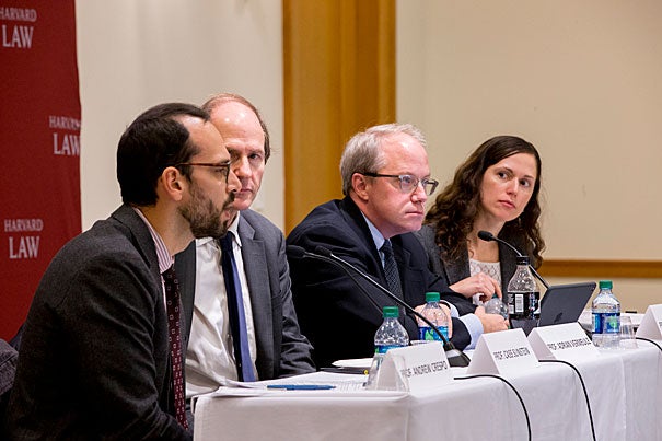During a panel discussion, Harvard Professor Cass Sunstein (second from left) outlined four major signposts during the first 100 days that will show whether the Trump administration will transform executive authority or not. Joining Sunstein was Criminal Law Professor Andrew Crespo (far left) and Adrian Vermeule, the Ralph S. Tyler Jr. Professor of Constitutional Law. The panel was moderated by Assistant Professor of Law Daphna Renan.