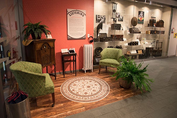 A re-creation of a 1930s living room with the  radio taking center stage, much like modern living rooms are focused around a TV. The re-creation is part of  the exhibit “Radio Contact: Tuning In to Politics, Technology & Culture,” in the Collection of Historical Scientific Instruments’ Special Exhibition Gallery at the Science Center.