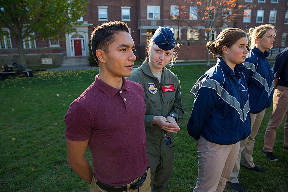 Kira Headrick ’17 (center) teaches Raul Cuevas ’20 (from left) during the Air Force ROTC training as Katherine Krolicki ’20 and Rachel Collins ’20 stand at attention. “As a first-year College student, I’m not entirely sure about what I want to pursue in the future,” said Cuevas. “However, I am certain of the inspiration I feel whenever I’m in the presence of my fellow cadets.”