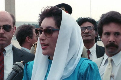 A new leadership program has been established to honor Benazir Bhutto, the late prime minister of Pakistan. She is pictured speaking to the press upon her arrival for a state visit at Andrews Air Force Base in 1988.