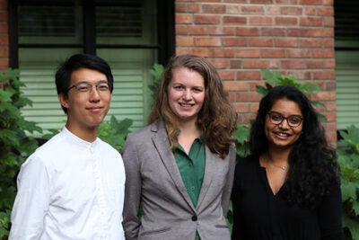 Dumbarton Oaks first humanities fellows John Wang '16 (from left), Rebecca Rosen '15, and Priya Menon '16 will return to the library in the spring to work on research projects after spending the fall and winter at partner cultural organizations.