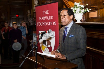 S. Allen Counter of the Harvard Foundation speaks at the unveiling of the portrait of Richard T. Greener, the first African-American to graduate from Harvard College, in Annenberg Hall. File photo by Jon Chase/Harvard Staff Photographer