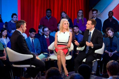 A special taping of CNN's "State of the Union with Jake Tapper" was staged at the Kennedy School, where the anchor and audience members engaged with Kellyanne Conway (left) and Robby Mook, campaign managers for Donald Trump and Hillary Clinton, respectively. 