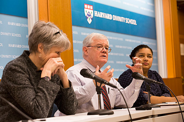 Diane Moore (left), senior lecturer in religious studies and education, and Dudley Rose, associate dean of ministry studies, discuss the state of religious freedom after President Trump's executive order prohibiting travel from seven predominantly Islamic countries as moderator Aisha Ansano, M.Div. '16, listens in.