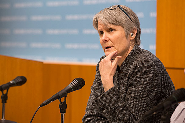 The State of Religious Freedom, a talk at Harvard Divinity School between Diane Moore, Senior Lecturer in Religious Studies and Education (pictured), and Dudley Rose, Associate Dean, Ministry Studies, in the Sperry Room of Andover Hall. Jon Chase/Harvard Staff Photographer