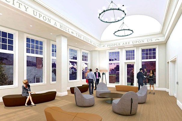 An artist's rendering of the completed rooftop room on Robert M. Beren Hall, the new addition to Winthrop House.