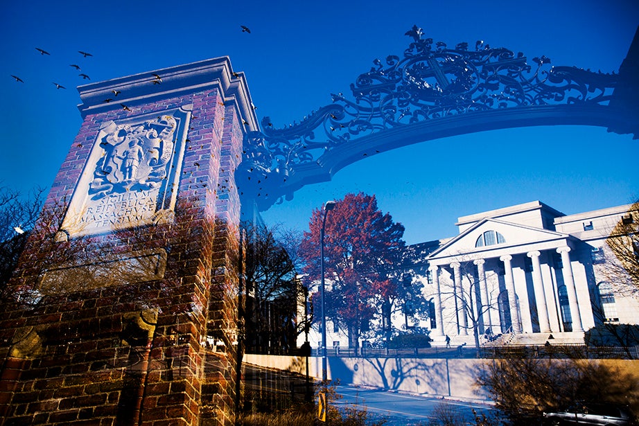 Johnston Gate, the first, largest, and most lavishly constructed entrance to Harvard Yard, arches over the Littauer Building.