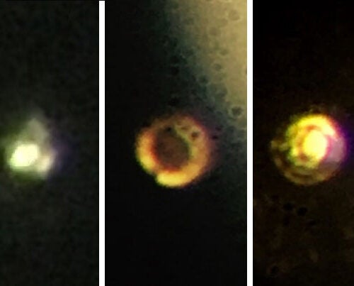 Microscopic images of the stages in the creation of atomic molecular hydrogen: Transparent molecular hydrogen (left) under about 200 gigapascals (GPa) of pressure, which becomes black molecular hydrogen, and finally reflective atomic metallic hydrogen at 495 GPa. 