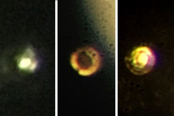 Microscopic images of the stages in the creation of atomic molecular hydrogen: Transparent molecular hydrogen (left) under about 200 gigapascals (GPa) of pressure, which becomes black molecular hydrogen, and finally reflective atomic metallic hydrogen at 495 GPa. 