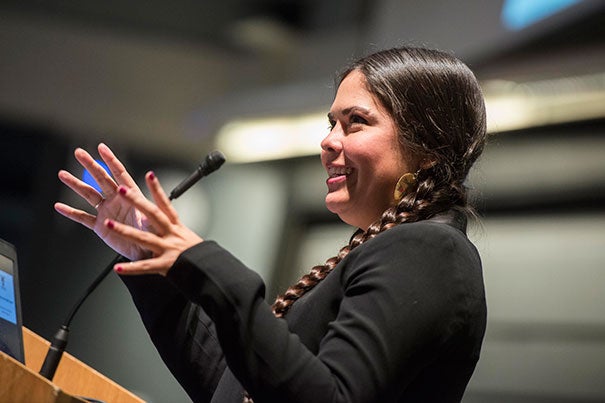 Tribal rights attorney Tara Houska delivers the keynote address during the Public Interested Conference at the Science Center, where students interested in a career in public service were able to learn from and network with alumni in the field.