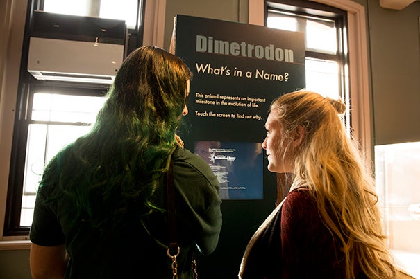 Ashley Fox (left) and Casey Lonabocker check out one of the four kiosks in the exhibit "What's in a Name?" at the Harvard Museum of Natural History. The exhibit's purpose is to clear up visitors’ confusion of scientific names through images, information, stories, and games. 