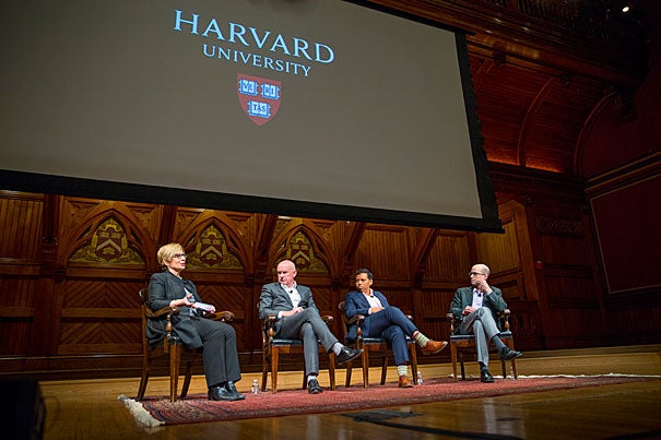 Moderator Ann Marie Lipinski (from left), Nieman Foundation curator, led the conversation during "The Future of News: Journalism in the Post-Truth Era" with panelists Gerard Baker of The Wall Street Journal; Lydia Polgreen of the Huffington Post; and David Leonhardt of The New York Times.  