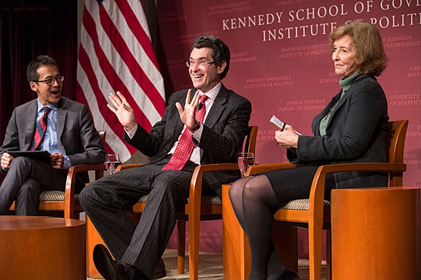 Kennedy School Academic Dean Archon Fung (from left) moderates the panel discussion between Norman Eisen, Brookings Institution fellow, and Mary Graham, co-director of the Transparency Policy Project at HKS, during “Presidential Secrecy from Washington to Trump,” which examined the history of transparency — or the lack thereof — in the executive branch.