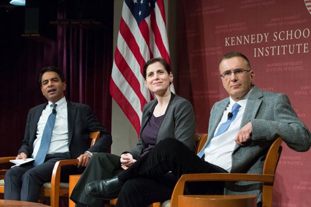 Amitabh Chandra (left), Malcolm Wiener Professor of Social Policy, listens to an audience question with panelists Katherine Baicker, C. Boyden Gray Professor of Health Economics, and Jonathan Gruber,
Ford Professor of Economics at MIT, during "Alternatives to the Affordable Care Act," where experts offered multiple options to repair or replace the embattled legislation.