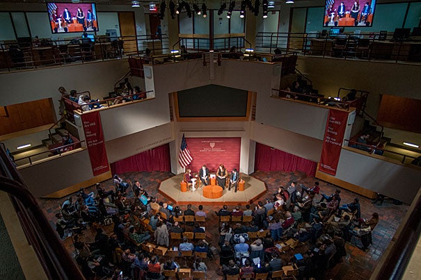 Despite GOP control of the legislative and executive branches, moderator Kristen Soltis Anderson (from left) and panelists James Pethokoukis, April Ponnuru, and Oren Cass expressed concern that the conservative agenda could be derailed by President Trump's populist promises at a discussion at the JFK Jr. Forum.