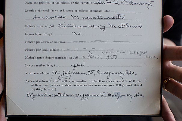 The biographical form for William Clarence Matthews, member of the Harvard College Class of 1905, with an explanation that Matthews' mother, Elizabeth, was a former slave who had no last name before her marriage.