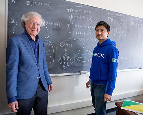 "[A] picture is worth 1,000 symbols,” quips Professor Arthur Jaffe (left). Jaffe and  postdoctoral fellow Zhengwei Liu have developed a pictorial mathematical language that can convey pages of algebraic equations in a single 3-D drawing.