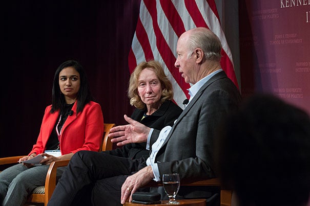 Chairperson Nivedita Khandkar ’19 (left) leads a panel discussion with presidential historian Doris Kearns Goodwin and Professor of Public Service David Gergen at the National Campaign for Political and Civic Engagement conference, which focused on how to reconnect the nation’s polarized factions.