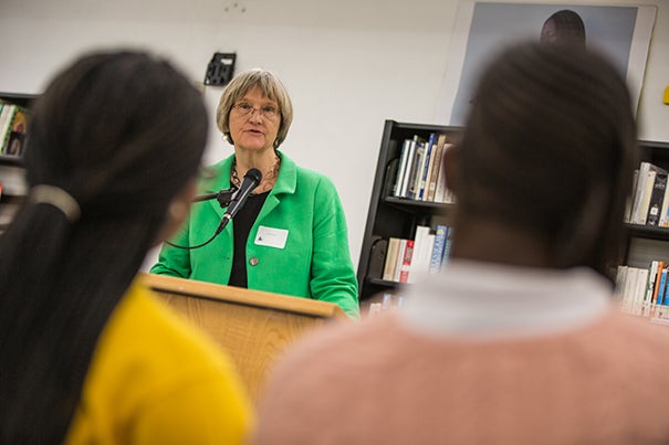 Harvard President Drew Faust speaks to Miami Northwestern High School students about pursuing higher education during her trip to Florida.