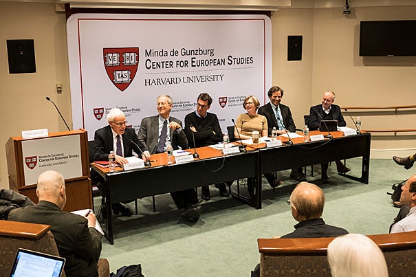At the “What Can’t Happen Here” forum, panelists Charles Maier (from left), Derek Penslar, Peter E. Gordon, Mary D. Lewis, Terry Martin, and David Armitage agreed that while fascism is not sweeping the U.S., the country is disconcertingly vulnerable to authoritarianism.