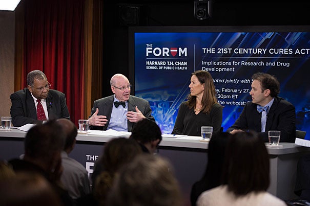 Panelists Otis Brawley, Jeffrey Drazen, Pamela Tenaerts, and Aaron Kesselheim probed the potential consequences of the new 21st Century Cures Act, which earmarks fresh funds for medical research while easing regulations on drugs and devices.