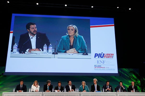 In January 2016, the first congress of the Europe of Nations and Freedom brought together Romania's Laurentiu Rebega (from left), Britain's Janice Atkinson, Holland's Marcel De Graaf, Japan's Tomio Okamura, Italy's Northern League leader Matteo Salvini, French National Front president Marine Le Pen, Firebrand Dutch lawmaker Geert Wilders, Austria's Heinz Christian Strache, Holland's Marcel De Graaf.
