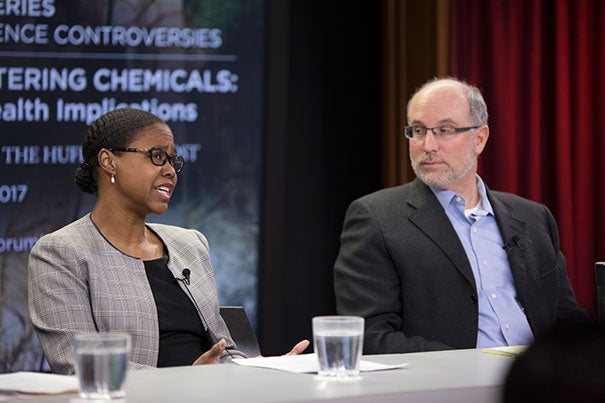 Harvard Chan School professors Tamarra James-Todd (left) and Russ Hauser joined a panel of experts to discuss the unsettling pervasiveness of internationally banned, hormone-disrupting chemicals in everyday objects in the U.S.