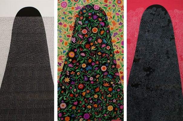 "Arab Spring/Unfinished Journeys" is a new exhibit by Arab-American artist Helen Zughaib about the democratic uprisings in the Arab world between 2010 and 2013. Pictured is a selection from a series of portraits of a cloaked woman: "Veiled Secrets," 2013, "Arab Spring," 2011, and "Arab Spring Quilt," 2015.