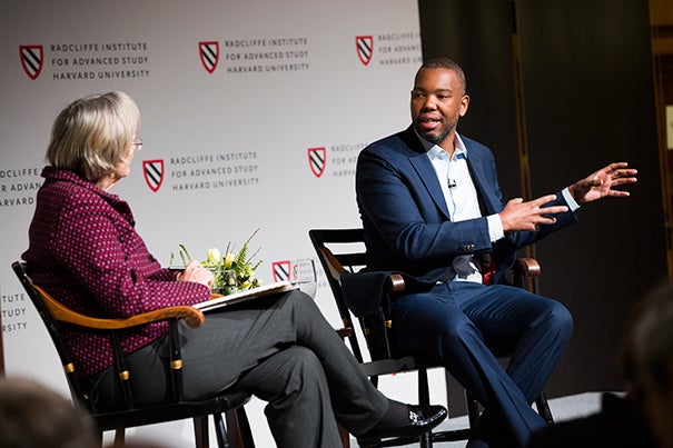 Universities and Slavery: Bound by History is a daylong conference that takes place in the Knafel Center at Radcliffe Institute for Advanced Study. Author and journalist Ta-Nehisi Coates is the keynote speaker. A conversation between Harvard President Drew Faust (left) and Ta-Nehisi Coates takes place following his talk. Stephanie Mitchell/Harvard Staff Photographer