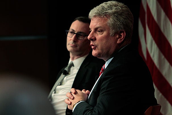 At a Kennedy School Forum, “The Internet, Invisible Aircraft & Robots: The Future of Defense Is Now,” Steven H. Walker (right), acting director of DARPA, and Michael Sulmeyer, director of the Cyber Security Project at the Belfer Center, discussed DARPA's mission to stay on the cutting edge of military technology.