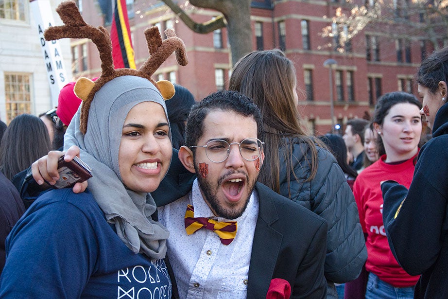 Azraa Chaudhury '18 (left), of Dunster House and Mohamed M. Aourir '17 of Adams pose for a picture in Harvard Yard. Photo by Silvia Mazzocchin
