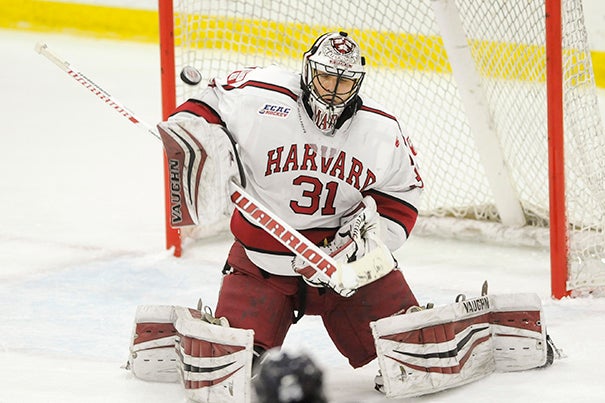 Goalie Merrick Madsen ’18 was named MVP following Harvard's wins at Lake Placid, N.Y., this past weekend, where the team won the ECAC Tournament.