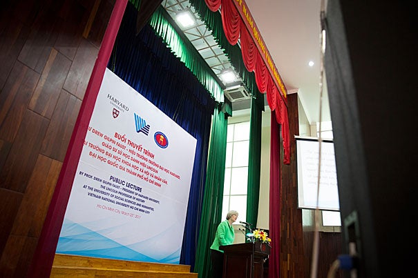 “I have wanted to make Vietnam into a place in my mind, not the name of a conflict that overtook my generation of young Americans, but a society and nation with all its complexity, its beauty, its history, its vibrancy, and its promise,” said President Drew Faust during her address at Ho Chi Minh City University of Social Sciences and Humanities. 
