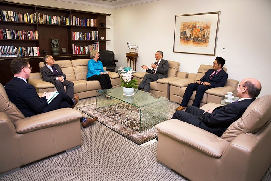 Drew Faust meets with Singapore Prime Minister Lee Hsien Loong in his office. Loong completed a master’s degree at Harvard Kennedy School in 1980.