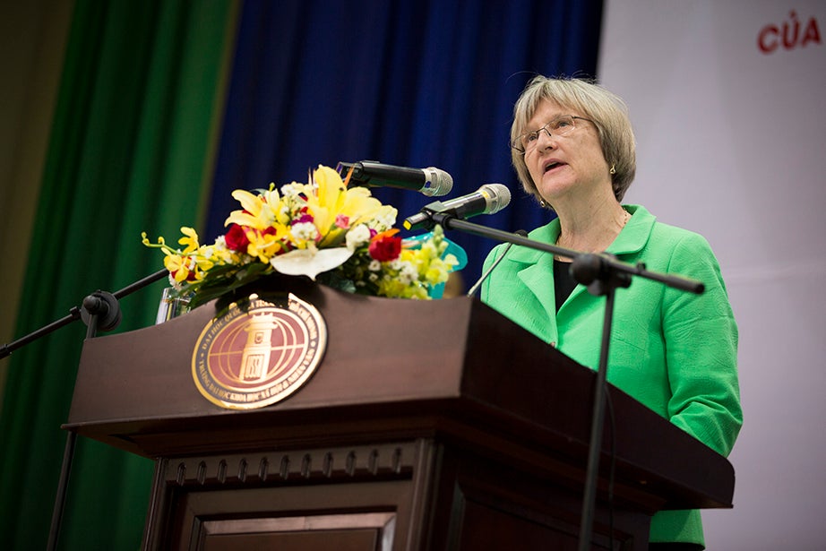 Drew Faust delivers a public address at Ho Chi Minh City University of Social Sciences and Humanities (USSH) in Ho Chi Minh City.