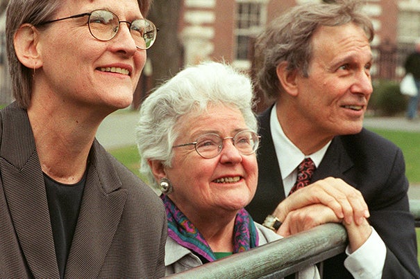 A formidable educator, academic administrator, and stalwart advocate for women's higher education throughout her life, Mary Maples Dunn's influence on Harvard reverberates to this day. In this 2000 photo, Dunn (center) is pictured with Drew Faust, who had been appointed dean of the Radcliffe Institute, and then-Harvard President Neil Rudenstine.
