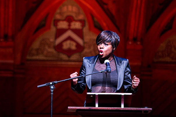 Viola Davis delivers her acceptance speech during the Harvard Foundation's Cultural Rhythms Festival on Saturday. Davis is the first African-American actress to win a Tony, an Emmy, and an Oscar, known as the Triple Crown of Acting, and only the 23rd person to do so since 1953.