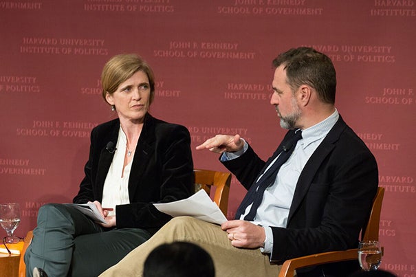 The U.S. should pursue closer relations with China as a way of promoting international stability, said Niall Ferguson (right), who sees an opening for this as strategy. Ferguson was joined by Samantha Power, former U.S. Ambassador to the United Nations, at a Kennedy School forum.