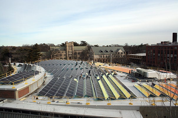 The roof of 38 Oxford St., home to the FAS Research Computing, is Harvard’s second largest solar photovoltaic installation. 