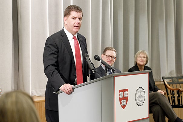 “The Harvard Allston Partnership Fund is a great example of a public-private partnership that is making a real difference in people’s lives,” said Boston Mayor Martin J. Walsh, who joined Harvard President Drew Faust (far right) and Paul Andrew, vice president of Harvard Public Affairs and Communications, to honor the grant recipients. 