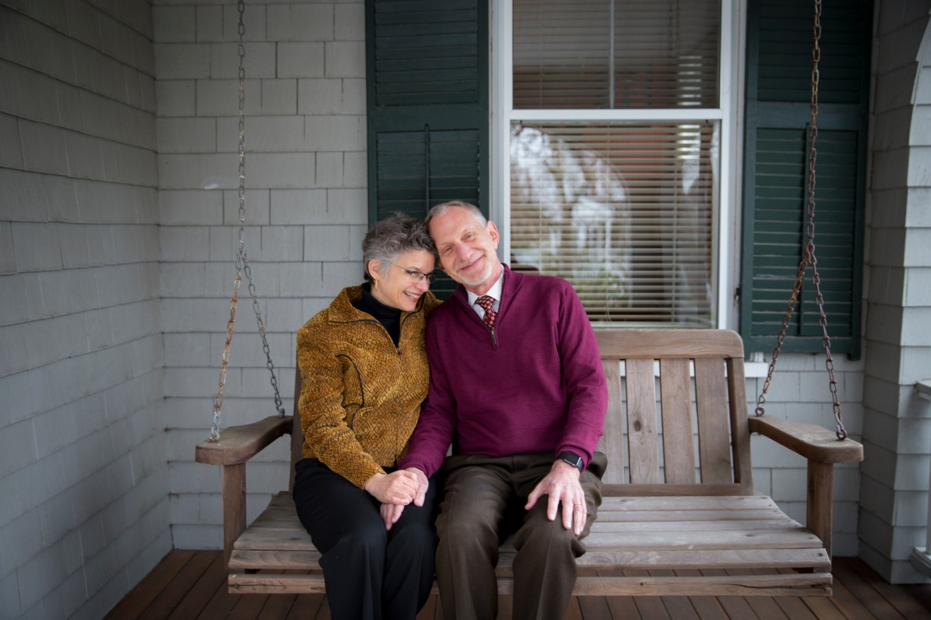 Dr. Robert Waldinger at his West Newton home with wife Jennifer Stone