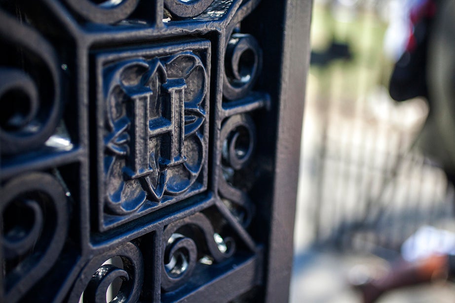 Bradstreet Gate, North, honors the presence of women on campus. It was dedicated to Anne Dudley Bradstreet, the first published poet of the American colonies, in 1997, the 25th anniversary of women living in the Yard’s dormitories. The picture shows a detail on one of the wrought-iron side columns.
