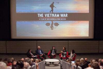 Moderator Tony Saich (from left), Ash Center director and Daewoo Professor of International Affairs, leads the discussion with Vietnam Program Director Thomas Vallely, filmmakers Ken Burns and Lynn Novick, and producer Sarah Botstein before screening a preview of "The Vietnam War" at the Harvard Art Museums. 