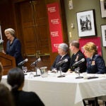 Harvard President Drew Faust (from left) makes introductory remarks before moderator Hon. Alberto Mora leads a panel with military academy superintendents Vice Adm. Walter E. "Ted" Carter, Lt. Gen. Michelle D. Johnson, and Lt. Gen. Robert L. Caslen Jr. to discuss fundamental military values and the role of human rights in our national security strategy. 