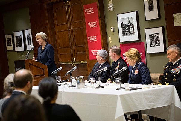 Harvard President Drew Faust (from left) makes introductory remarks before moderator Hon. Alberto Mora leads a panel with military academy superintendents Vice Adm. Walter E. "Ted" Carter, Lt. Gen. Michelle D. Johnson, and Lt. Gen. Robert L. Caslen Jr. to discuss fundamental military values and the role of human rights in our national security strategy. 