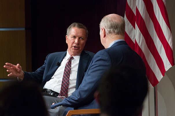 In a visit to Harvard Kennedy School, Ohio Gov. John Kasich sat down with Center for Public Leadership co-director David Gergen to discuss current issues from tax reform to political decorum.