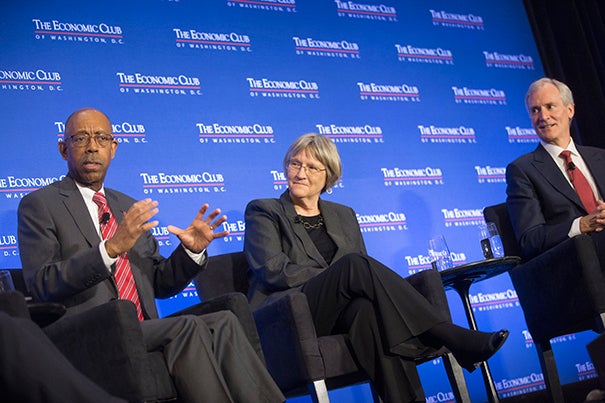 At the 2017 Higher Education Panel in Washington, D.C., Ohio State University President Michael Drake (from left), Harvard President Drew Faust, and Stanford University President Marc Tessier-Lavigne emphasized the need for federal funding to keep the nation at the forefront of scientific achievement.