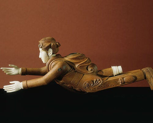A hand-carved effigy pipe of a flying man dressed in a sailor’s uniform, with an ornate pineapple design on his pants is one of the rarely seen treasures on exhibit. Gift of Frederick H. Rindge, Peabody Museum of Archaeology & Ethnology, © President and Fellows of Harvard College