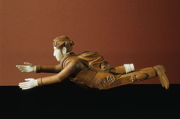 A hand-carved effigy pipe of a flying man dressed in a sailor’s uniform, with an ornate pineapple design on his pants is one of the rarely seen treasures on exhibit. Gift of Frederick H. Rindge, Peabody Museum of Archaeology & Ethnology, © President and Fellows of Harvard College