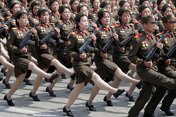 North Korean women soldiers march across Kim Il Sung Square during a military parade in celebration of Kim il Sung's 105th birthday. Gary Samore, A.M. ’78, Ph.D. ’84, executive director for research at the Belfer Center, sees little substantial change in the decades-long stalemate with North Korea, but with economic sanctions imposed even by China, a longtime ally, the hermit nation may be running out of options to sustain its nuclear ambitions.